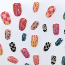 Colorful Press on Nails Short Medium Length Almond Fake Nails with Checkered Striped Design Cute Geometric Irregularity Acrylic Stick on Nails Summer Glossy Full Cover Glue on Nails for Women 24Pcs