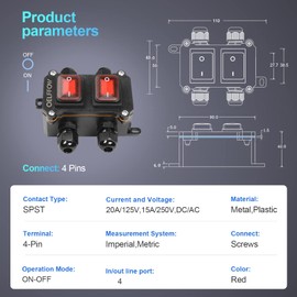 OELFFOW Waterproof On Off Toggle Switch Double Switch with Red Light Rocker Button Inline Cord Switch DPST AC/DC 20A-125V,16A-250V,30A-24V,35A-12V, IP66 4 Exit