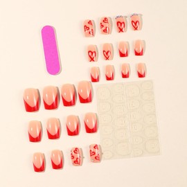 Heart Press on Nails Red French Tip Fake Nails Valentine's Day Nails Press ons with Rhinestone Designs Medium Square Nails Full Cover Glossy Glue on Nails Stick on Nails for Women Manicure 24 Pcs