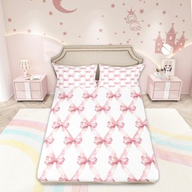 Manfei Pink Bowknot Fitted Sheet(No Flat Sheet),Dreamy Princess Style Fairy Tale Bedding Set,Watercolor Bow Geometric Grids White Bedding Deep Pocket for Girls,Full Size 2 Pillowcases