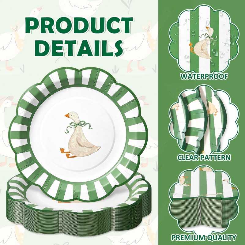 48 Pcs Silly Goose Paper Plates, Sage Green Stripe, 9