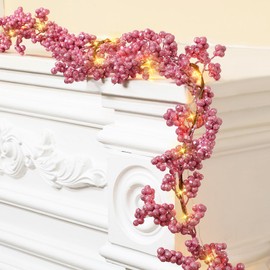 Syhood Berry String Christmas Garland Glitter Lighted Berry Indoor Artificial Garland Winter Fall Christmas Decor Light Garland for Holiday Fireplace Mantel Table, 6 ft(Glitter Pink)