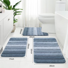 Kmson 3 Pcs Ombre Chenille Bathroom Rugs Set, Non-Slip Ultra Soft Washable Shaggy Bath Rugs for Bathtub, Thick Water Absorbent Microfiber Shower Mat Blue