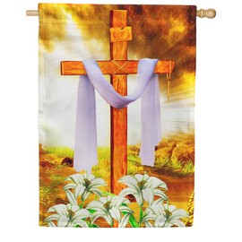 America Forever Easter Cross House Flag 28 x 40 inch Double Sided He is Risen Religious Lilies Floral Flower Farmhouse Small Holiday Seasonal Day Flags for Outdoor Yard Lawn Decoration