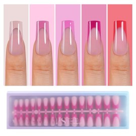 Misssix XBASICTIPS Uñas postizas francesas rosas, 150 unidades, largas y cuadradas, preformadas, sin limar, 3 en 1, para extensiones de uñas, 15 tamañ