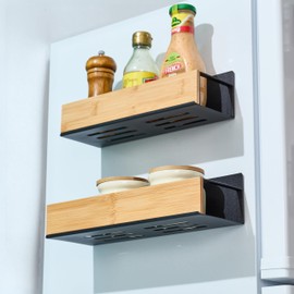 HIMSEON 2 Pack Spice Rack, Magnetic Spice Rack for Refrigerator, Bamboo Spice Rack Wood and Metal Construction, Spice Racks with Jars, Ideal for Kitchen, Classroom