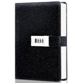 CAGIE Journal with Lock for Women Refillable Lock diary with 224 Pages Glitter Black Diary with Lock for Girls, Adults, 5.3 x 7.9 inches