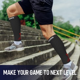 Thoxcare Manga de compresión para pantorrilla de 20 a 30 mmHg para hombres y mujeres, calcetines de compresión sin pies para caminar, correr y ciclismo, alivio de la férula de la espinilla, venas varicosas, hinchazón y dolor, 2 pares-negro/rojo, talla XL