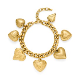 ENSKEFEN Vintage Gold Heart Charm Bracelet for Women Chunky Cuban Chain Bracelet with 7 Love Hearts Charm Adjustable Matte Gold Heart Bracelet