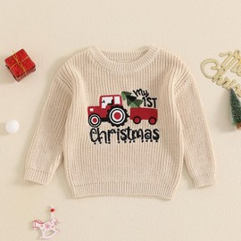 Siyova Baby Boys Girls Christmas Jumpers Knitted Sweaters Long Sleeve Letter Print Pullover Knitwear Toddler My First Christmas Outfits Winter Clothes (Beige Auto, 6-9 Months)
