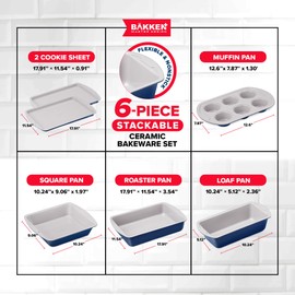 BAKKEN 6-Piece Kitchen Baking Pan Set - Royal Blue Color with Gray Ceramic Nonstick Coating, Commercial Grade Carbon Steel Bakeware, Baking Essentials, PFOA, PFOS, PTFE Free, Oven Safe (Up To 450° F)