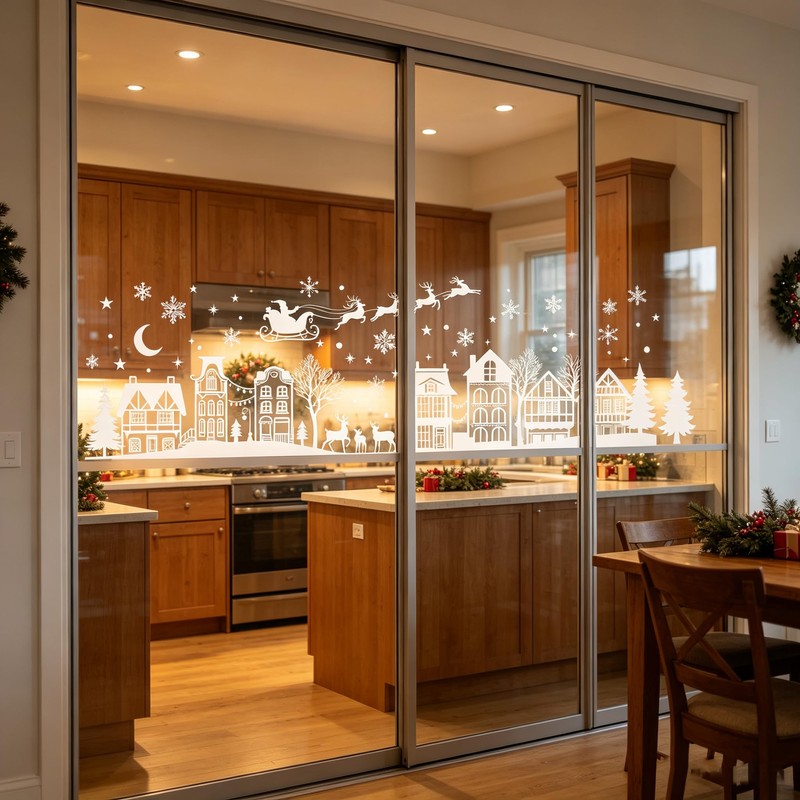 Christmas Village Window Clings Large White Winter Glass Decals
