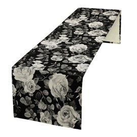 JanJCurt Vintage Black Flower Table Runner, Retro Roses Blossom Eucalyptus Plants Botanical Branches Dark Gothic Floral Table Runner for Home Party Indoor Outdoor Decor, 13x36inch