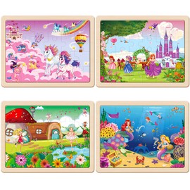 SYNARRY Large Unicorn Mermaid Princess Fairy Wooden Kids Puzzles 4 in 1 Gift Box(12.2 * 9.4 in) - FSC Certified, Wood Puzzles for Kids Ages 4-6, Toys Gifts for 3 4 5 Year Old Toddlers Girls
