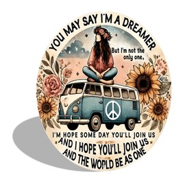 Round Aluminum Sign "Dreamer" Quote Wall Art Decor, Retro Floral Peace Bus Home Decoration, Kitchen, Restaurant, Bar, Cafe 8 x 8 Inch (2523)
