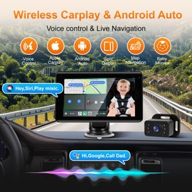 Baby Car Camera with 7" Wireless CarPlay Screen -Supports Apple CarPlay & Android Auto, 1080P IR Night Vision car Camera for Babys, HD Touchscreen Baby Monitor with Split Display, Plug-and-Play