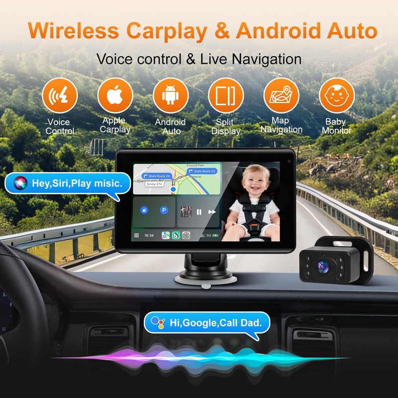 Baby Car Camera with 7" Wireless CarPlay Screen -Supports Apple
