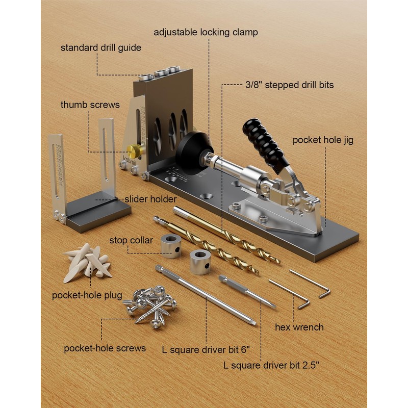Kolvoii Pocket Hole Jig, Professional Adjustable Pocket Screw Jig for