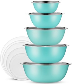 WHYSKO Stainless Steel Mixing Bowls With Lids Set, 5 Sizes Nesting Mixing Bowls for Your Kitchen Meal Prep, Cooking, Baking, and Food Storage (Blue Bowls - With White Lids)