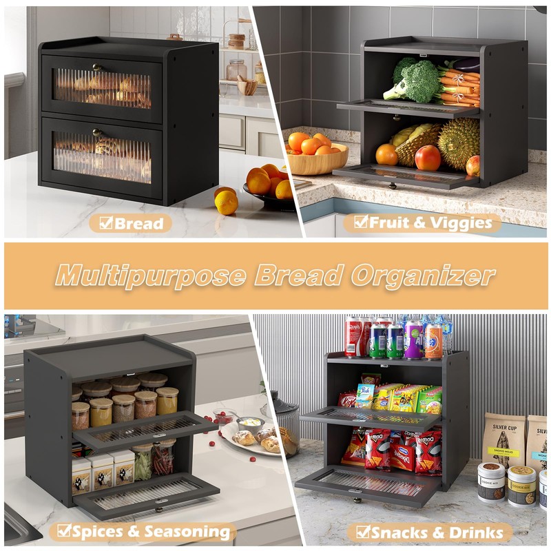 Alpeir Double Layer Large Bread Box for Kitchen Counter, Wooden