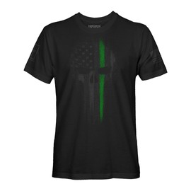 Fantastic Tees Thin Green Line Military Support Patriotic Skull Stealth T-Shirt (Black, S)