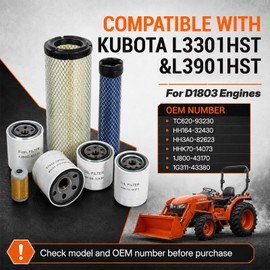 Filter Maintenance Kit Compatible with Kubota L3301HST Parts Compatible with Kubota L3901HST with D1803 Engine Replaces TC620-93230 HH164-32430 HH3A0-82623 HHK70-14073 1J800-43170 1G311-43380