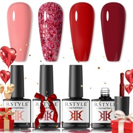 RSTYLE Semi-Permanent Nail Polish, 4 Colors Semi-Permanent Nail Polish Glitter Red Rose Gel Shellac UV LED Nail Polish Manicure 6ML