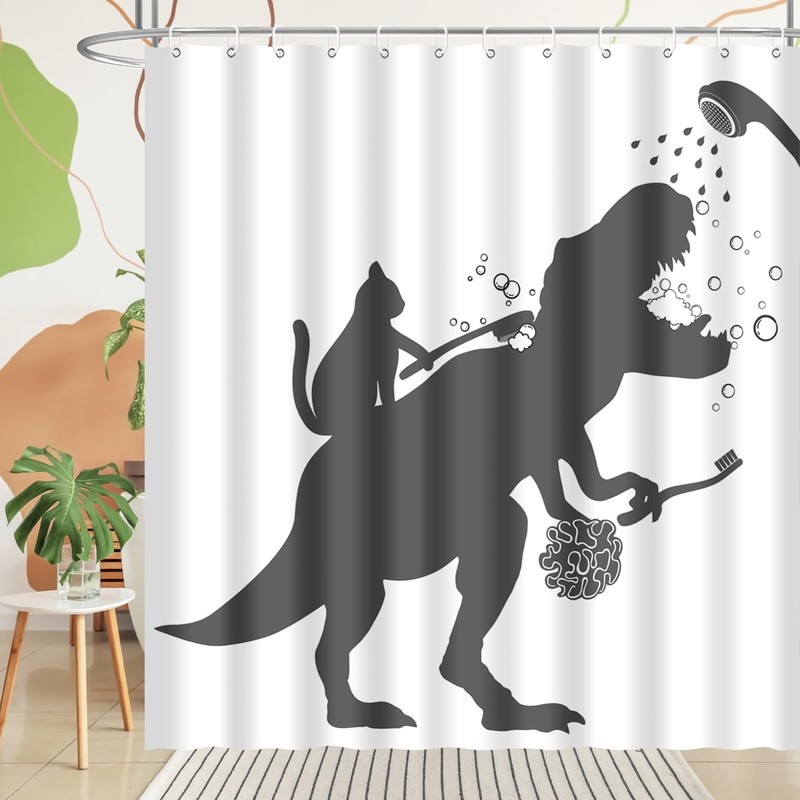 BIYSUC Cat Dinosaur Shower Curtain Funny Cat Help Dino Bathe