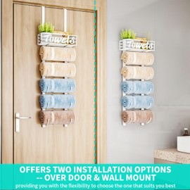 HapiRm Over Door Towel Racks - 6 Tier Over The Door Towel Racks for Bathroom, Wall Mounted Towel Holder with Metal Shelf, Rolled Towel Organizer Door Hanging Towel Storage - White