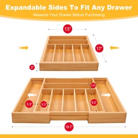 oridom Large Premium Bamboo Silverware Organizer - Expandable Drawer Organizer & Utensil Organizer - 17"x19.7" Cutlery Tray with Dividers for Kitchen Utensils and Flatware (7-9 Slots) (Natural)