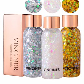 Body G litter Gel Hair G litter for Festivals - Glitter for H air and Skin Silver Glitter f or Face and Hair G litter Makeup for a Sparkling Look（3pcs)