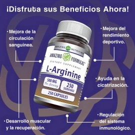 L-Arginina 500mg 250 Cápsulas Amazing Nutrition Sin Sabor Aumenta Óxido Nítrico