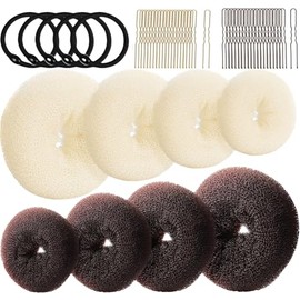 Hair Bun Maker 53 Pieces Set, Donut Hair Bun Shaper With 4pcs Dark Brown &4pcs Beige(2 extra-large, 2 large, 2 medium and 2 small), 5 pieces Hair Elastic Bands, 40 pieces Hair Pins (Brown and Gold)