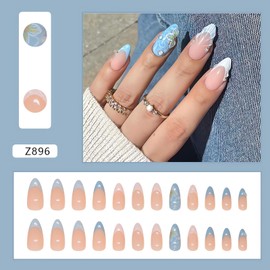 Almond French Tip Press on Nails 3D Medium False Nails White Blue Fake Nails with Floral Design Glossy Artificial Nails Medium Length Acrylic Glue on Nails Press ons Flower Stick on Nails for Women