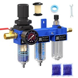 NEWPO NEWPO 1/4" NPT Compressed Air Filter Regulator Lubricator Combo, Water/Oil Trap Separator,Brass Filter & Desiccant Dryers,Semi-Auto Drain,Metal Bracket-Blue