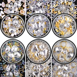 6 Wheels Mixed Sparkle Nail Art Rhinestones Diamonds Crystals Butterfly Beads Artificial Pearls Gold Silver Nail Studs Gems Metal Hollow Rivets Charms (White)