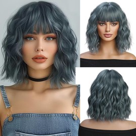 OUFEI Ash Blue Wigs for Women Short Wavy Wig With Bangs Natural Synthetic Hair Heat Resistant Wigs for Daily Party Cosplay Wear