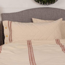 Piper Classics Market Place Red King Pillow Sham, 21" x 37", Cream w/Red Grain Sack Stripe Bed Pillow Cover w/Button Details