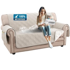 H.VERSAILTEX 100% Waterproof Couch Cover 2 Cushion Sofa Modern Sofa Covers Waterproof and Washable Thick Soft Couch Cover for Dogs with Elastic Straps (Loveseat, French Oak/Beige)