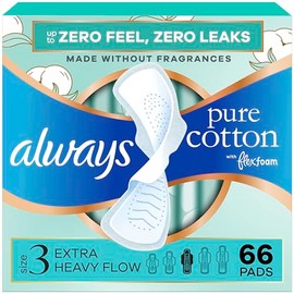 Always Algodón puro con almohadillas FlexFoam para mujer, tamaño 3, absorción de flujo extra pesado, cero fugas y cero sensación es posible, con alas, 22 unidades