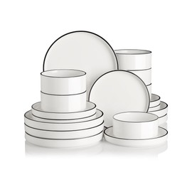 Sweejar Porcelain Dinnerware Sets for 6, 18 Pieces Ceramic Plates and Bowls Set, Classic Modern Simple Kitchen Dinner Dining Ware Set, Dishwasher and Microwave Safe Dishes Sets(Pure White-Black Rim)