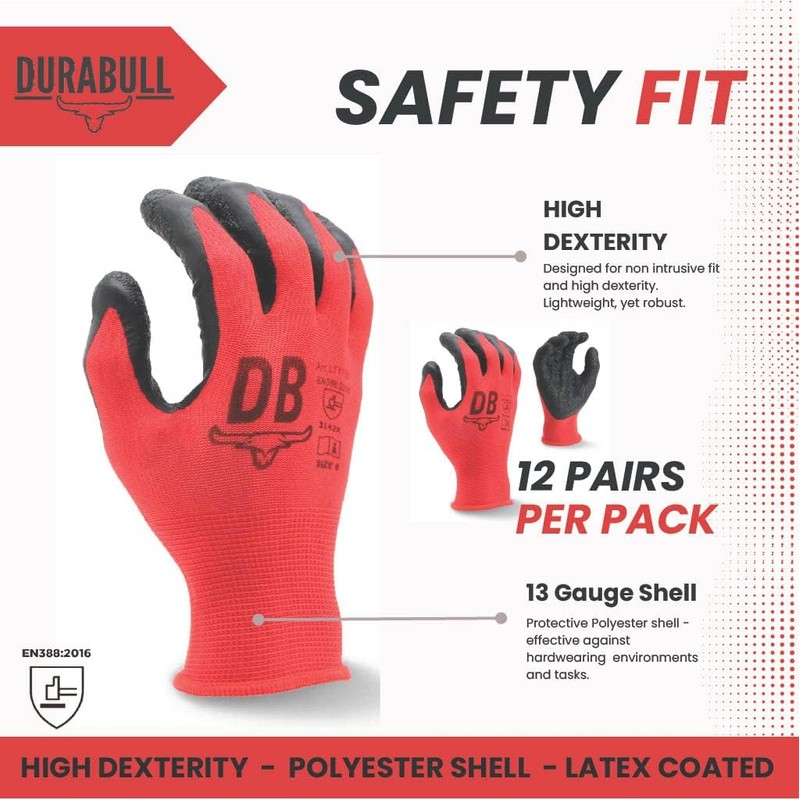 Durabull Latex Coated Work Gloves - Heavy Duty Protective Gloves