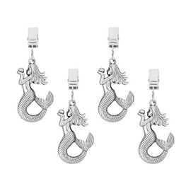 UPware Mermaid Tablecloth Weights with Metal Clips, Zinc Alloy Decorative Holders, Outdoor Picnic Table Cloth Clips, Silver, Set of 4