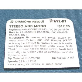 Pfanstiehl STEREO RECORD PLAYER STYLUS NEEDLE for Panasonic EPS-22 CS-1025M 692-D7
