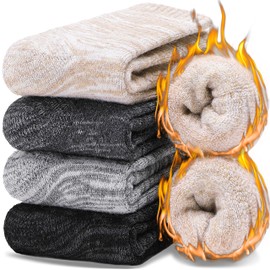 EBMORE Merino Wool Thermal Warm Socks for Women Men Thick Winter Hiking Cozy Crew Comfy Gifts Socks 4 Pairs Stocking Stuffers(Beige/Grey/Dark Grey/Black, L)