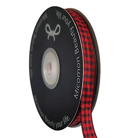 Micomon Red and Black Gingham Plaid Checked Ribbon 25 Yards Each Roll 100% Polyester (3/8",BlackRed)