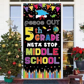 Peace Out 5th Grade Door Cover – 71’’ x 35.4’’ Next Stop Middle School Banner, Class of 2025 Graduation Decorations, 5th Grade Graduation Party Supplies, Classroom Door Banner, Photo Booth Backdrop