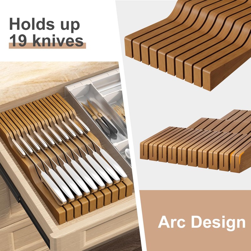 In-Drawer Knife Block Organizer - Bamboo Wood Drawer Knife Organizer-Protecting