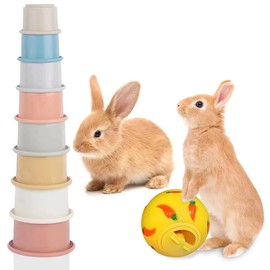 YudeWater 8PCS Stacking Cups for Rabbits and a 1PCS Ball for Rabbits,Stackable Bunny Toys,Multi-Size Reusable Rabbit Supplies,Parrot Enrichment Toys and Guinea Pig for Hiding Food and Playing
