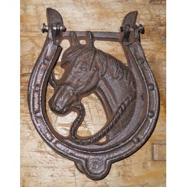 Vintage Cast Iron Antique Style Rustic HORSE HEAD Door Knocker Western Cowboy HORSESHOE